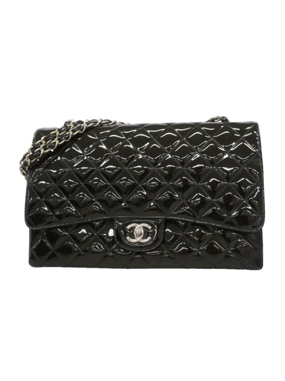 Chanel Shoulder Bag Maxi Quilted Patent Leather Black Silver